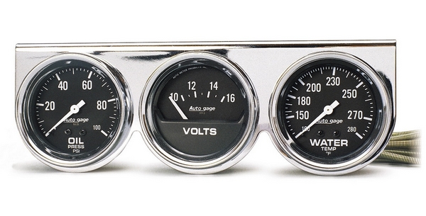 GAUGE CONSOLE, OILP/WTMP/VOLT, 2-5/8", 100 PSI/280 F/16V, BLK DIAL, CHROME